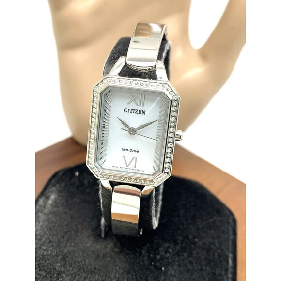 Citizen Women's Watch EM0980-50A Eco-Drive Crystal Accent Silver Dial Rectangle - Picture 1 of 14